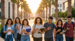סטודנטים צעירים צוחקים ומדברים בקבוצת לימוד בבאר שבע, עם סמארטפונים בידיהם