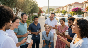 איור של אנשים שונים מחליפים המלצות בעל פה ובאמצעות סמארטפונים, על רקע נוף עירוני של הקריות.